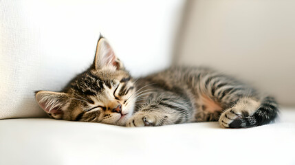 Fototapeta premium Adorable Brown Tabby Kitten Sleeping Peacefully on White Sofa