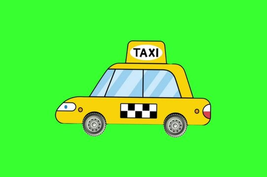 Yellow taxi moving on green background