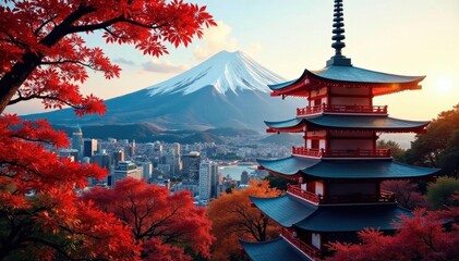 Crimson, gold, and amber leaves illuminate Chureito Pagoda against Fuji's snow-capped peak , maple leaves, Japan, fall colors