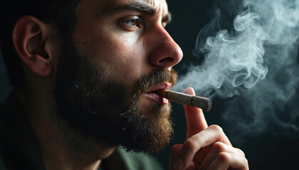 Fototapeta premium Close-up of bearded man smoking cannabis joint. Smoker exhales smoke from mouth, cigarette in his lips. Relaxation with a hand, detail. Lifestyle, habit, medicine.