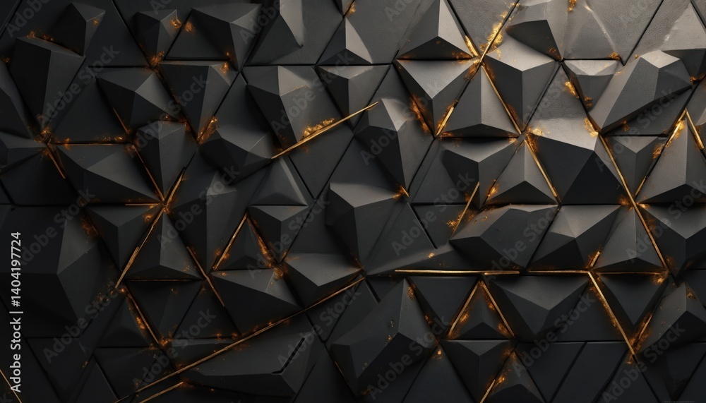 Poster Abstract geometric background features black, gold colors. Textured surface with polygonal 3D shapes, triangles, lines. Modern design concept, luxury wallpaper for business, technology presentations.