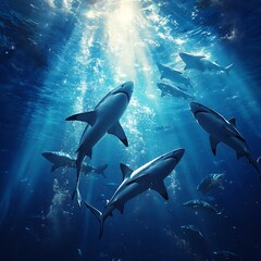 Majestic sharks captured swimming through clear water under dramatic lighting high resolution image