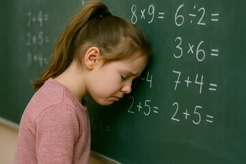 Sad elementary student feeling overwhelmed by schoolwork in front of chalkboard