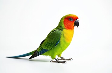Obraz premium Vibrant lovebird parrot isolated on white background. Colorful bird with red, yellow, green, blue plumage. Exotic pet stands, posing. Tropical avian beauty.