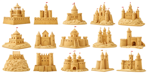 various sandcastles isolated on transparent background for travel websites, postcards