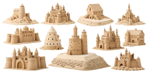 various sandcastles isolated on transparent background for travel websites, postcards