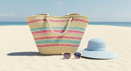 A stylish straw beach bag resting on the sand, with a pair of sunglasses and a sunhat nearby, capturing the essence of summer relaxation