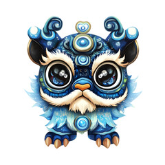 Fototapeta premium Cute Cartoon Lion Illustration in Blue with Detailed Ornamentation on Transparent Background