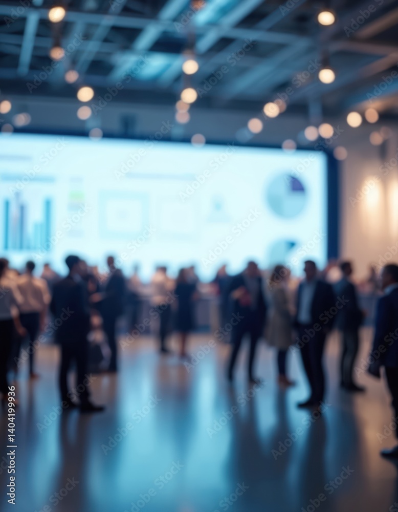 Poster Blurred photo of business networking event in large conference hall. Attendees engage in lively discussions, fostering collaboration, connection, and conversation, promoting dynamic corporate culture.