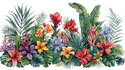 Highly detailed botanical illustration featuring various tropical plants in vibrant colors