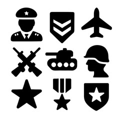 military officer icons set of black military vector icons including soldier, rank insignia, airplane, rifles, tank, helmet, star, medal, and shield on white background