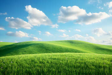 Fototapeta premium Tranquil Green Hills Under Clear Blue Sky with Wildflowers in Bloom