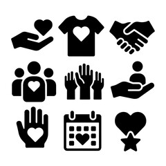 Volunteering icons set Black volunteer and charity icon set featuring hands holding hearts, raised hands, heart on calendar, people with heart symbols, handshake, and support symbols