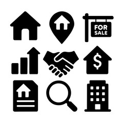 Real Estate Icons Set Black real estate vector icon set featuring house, location pin, for sale sign, property document, building, growth chart, dollar house, handshake, and magnifying glass