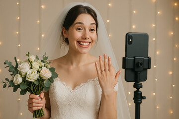 Happy Bride Showing Wedding Ring on Social Media. Addiction to showing life online