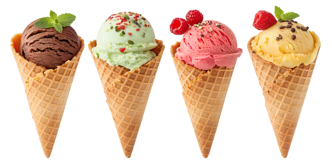 various ice cream scoops in waffle cone isolated on transparent background
