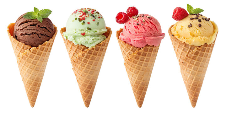 various ice cream scoops in waffle cone isolated on transparent background
