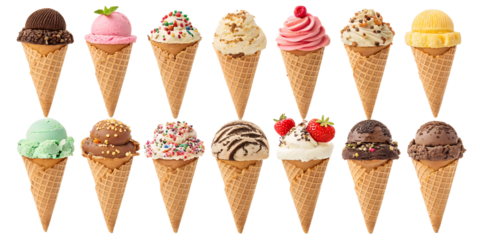 various ice cream scoops in waffle cone isolated on transparent background