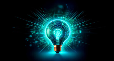 A radiant, glowing bulb illuminates from within, radiating energy and light. A vibrant burst of teal emanates, suggesting new ideas and innovation, against a dark background.