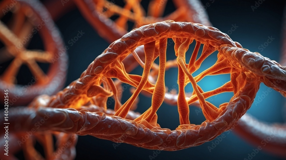 Poster a close-up of a DNA molecule, its double helix structure is visible. The molecule is rendered in an orange and blue color scheme, adding a sense of depth and intrigue.