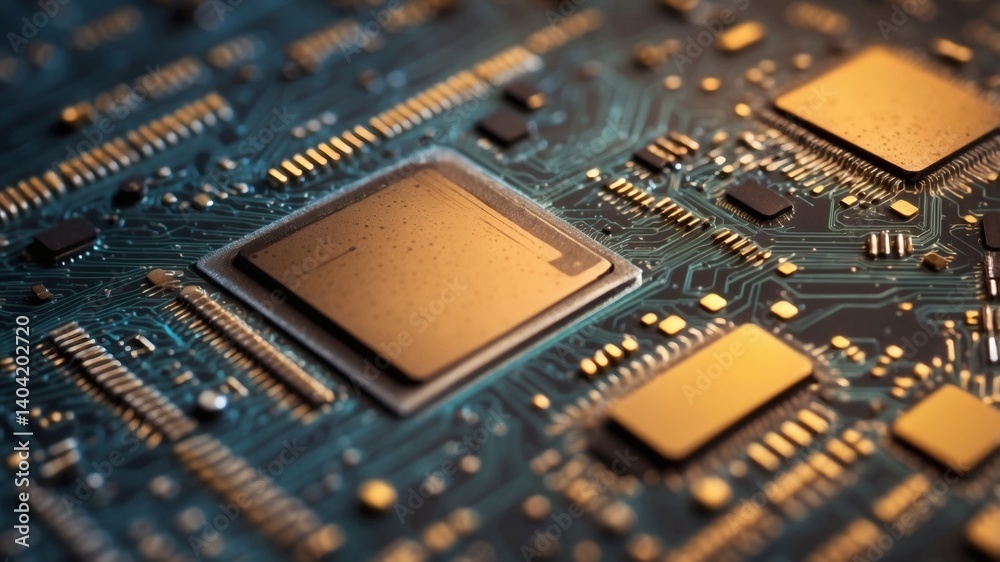 Poster Close-up view of a central processing unit(CPU) chip on a circuit board