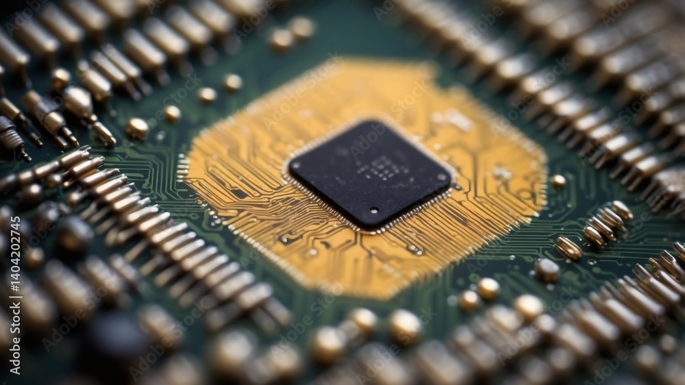 Poster a close-up of a circuit board with a single microchip. The chip is in focus, surrounded by golden solder points on a green PCB. The image is a close-up macro shot of the chip.