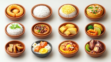 Assortment of Miniature Food Bowls Displaying Diverse Culinary Creations on White Surface
