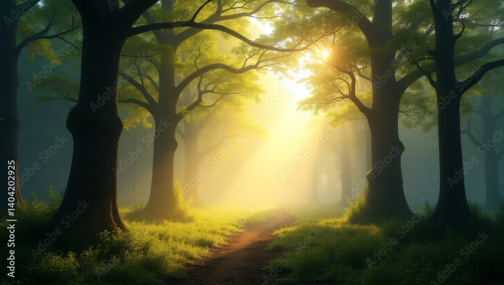 Aufkleber sunlight streams through the trees in a mystical forest, casting a warm golden glow on the path ahead