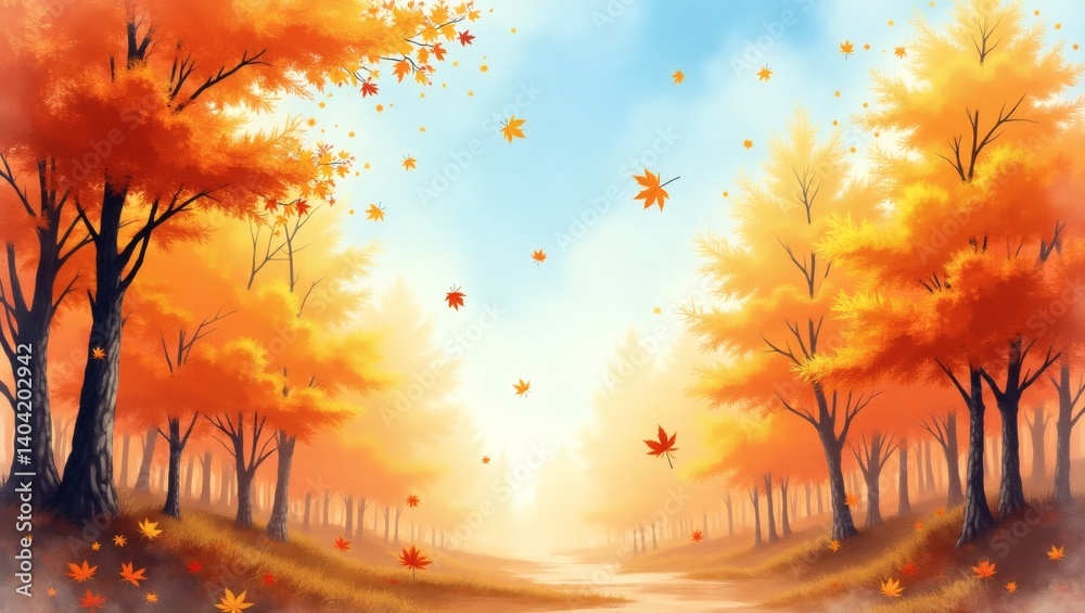 Poster autumn scenery featuring orange trees in the forest with falling leaves. a beautiful day in the autu