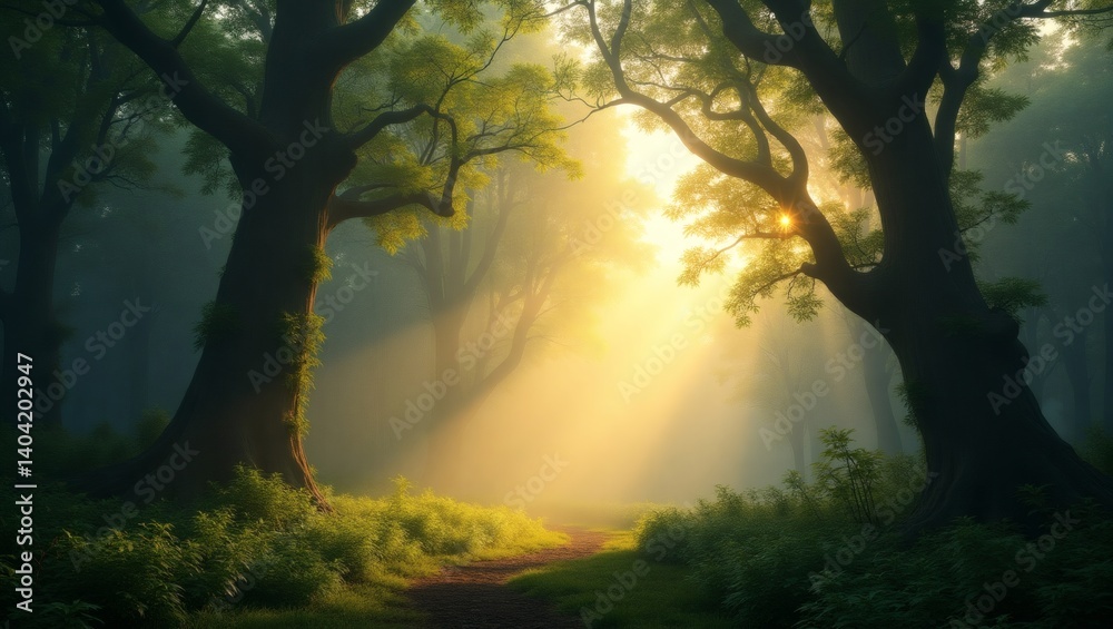 Poster sunbeams breaking through the dense canopy of a forest, illuminating a path. The scene is serene and magical, filled with a sense of mystery and wonder