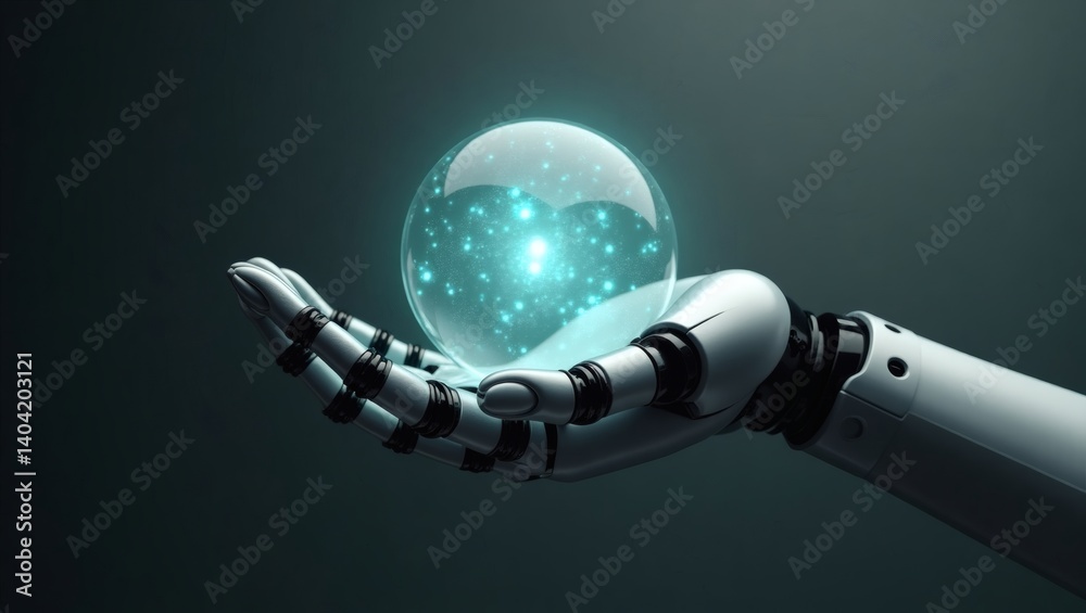 Poster robotic hand holding a glowing orb with a heart shape inside. The orb emits light and particles.