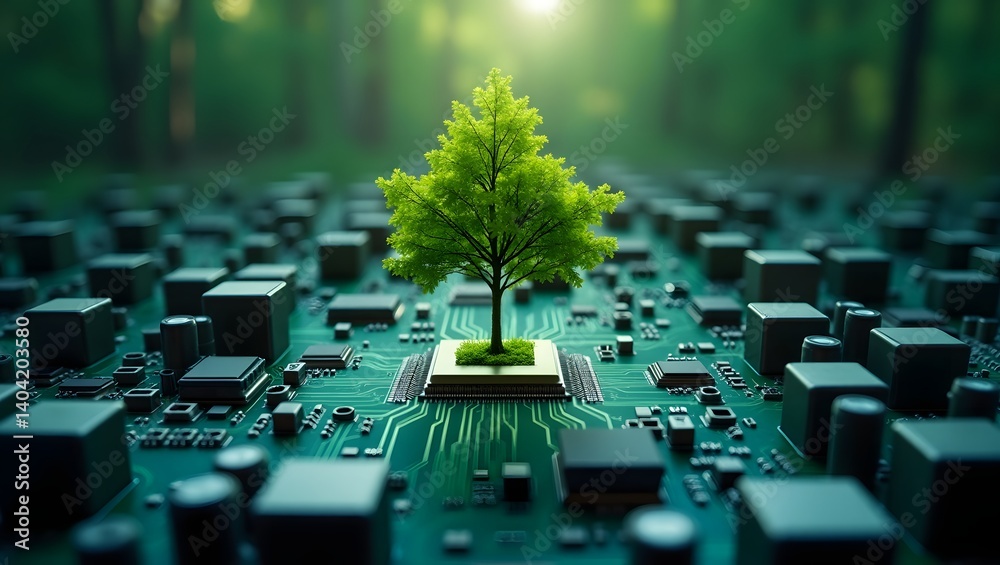 Poster green tree growing on a microchip circuit board. concept of green technology, sustainable developmen