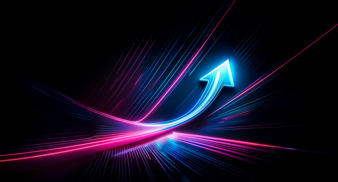 A vibrant, glowing arrow, in hues of blue and pink, indicates growth and upward movement on a black background. Lines swirl and radiate, illustrating acceleration and progress. Hints: color, direction