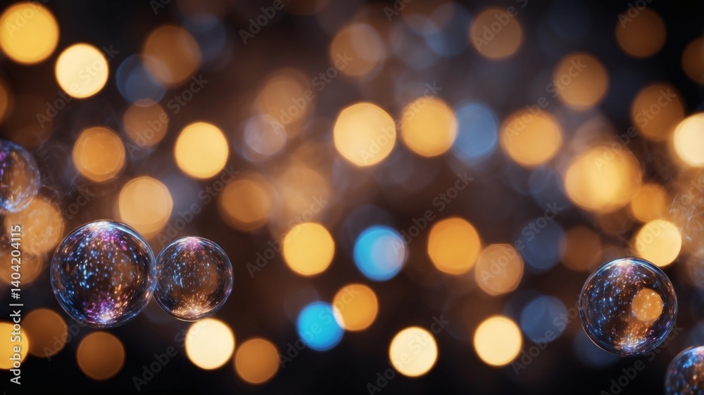 Aufkleber glowing bubbles floating in a dark space with blurred lights in the background. The bubbles reflect the surrounding lights, creating a magical atmosphere.