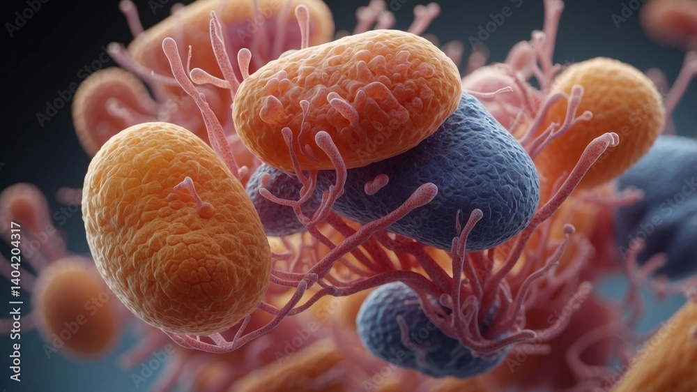 Aufkleber microscopic view of colorful cells.  The cells are oval-shaped and connected by thin, branching structures.