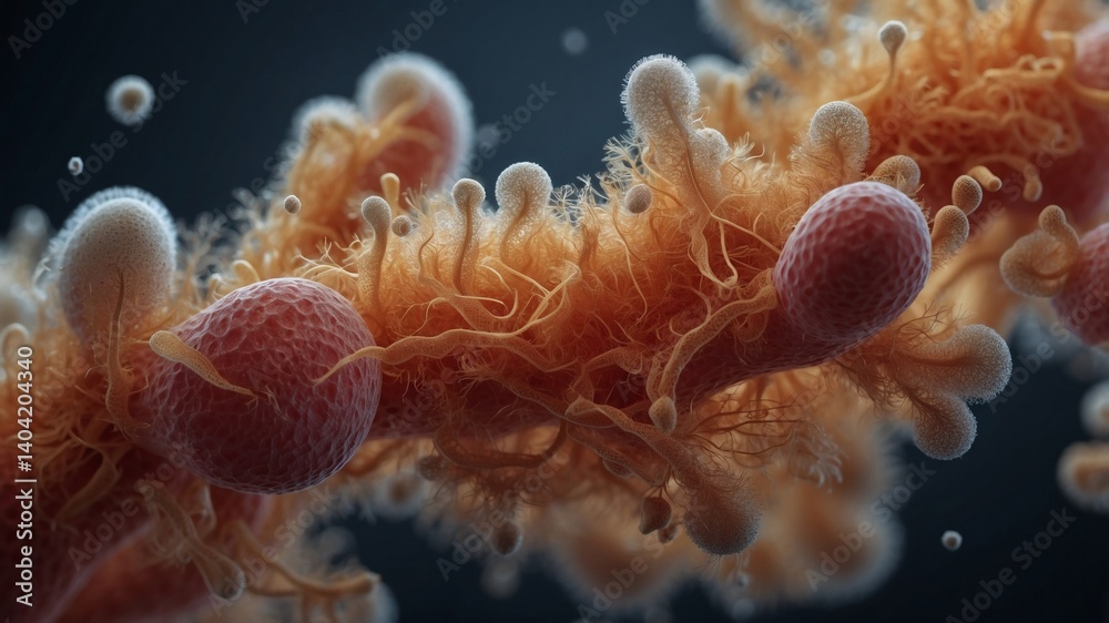 Poster a microscopic view of colorful cells with intricate structures, resembling a complex and fascinating biological landscape