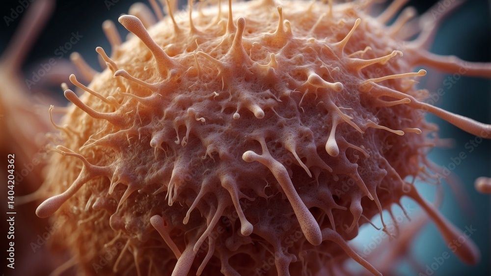 Aufkleber Close-up view of a single cell, showing intricate details of its surface. The cell has a bumpy texture with numerous protrusions extending outward