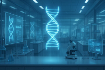 Futuristic Biotech Lab with Holographic DNA