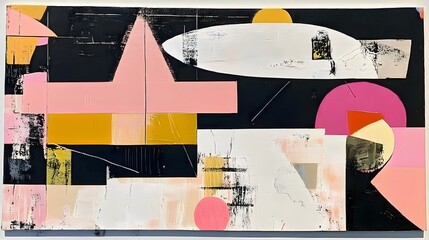 Abstract Geometric Art Pink Gold Black Canvas Painting