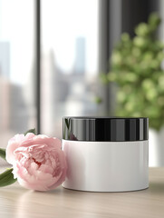 Mockup of a white cosmetic cream jar next to a blooming peony on a wooden table with a city view