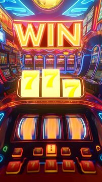 A slot machine with reels. A combination of 777 and the inscription WIN appears, in the style of an online casino for phones