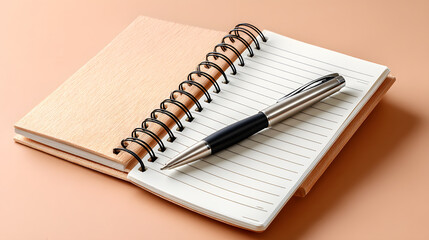 Naklejka premium A detailed shot shows a pen resting on an open spiral notebook against a peach background.