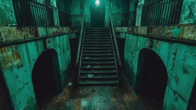 Spooky, decayed hallway. Stairway leads up to an unknown, shadowed doorway
