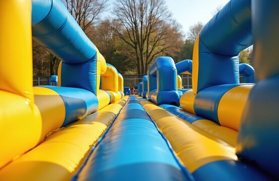 Inflatable obstacle course for kids. Blue, yellow colors. Fun playground, children play, enjoy outdoor activities. Family fun, leisure, recreation in park on summer day. Active game.