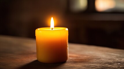 A lit yellow candle glows brightly on a wooden surface