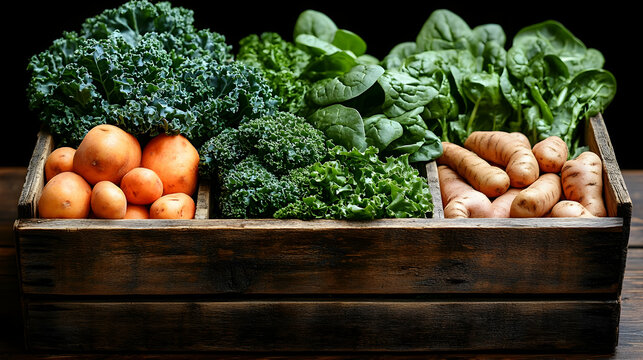 Rustic Wooden Crate of Fresh Vegetables: Kale, Spinach, Potatoes and Carrots