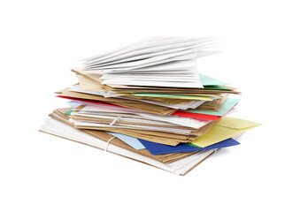 Stack of different paper envelopes on white background. Post office