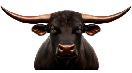 Detailed Photo of a Majestic Bull with Brown Horns and Dark Fur Isolated on Transparent Background