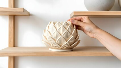 bespoke interior design services concept A hand adjusts a decorative ceramic bowl on a minimalist wooden shelf.