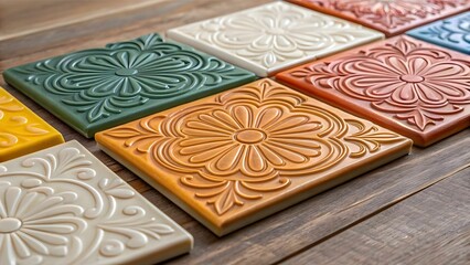 bespoke interior design services concept Textured ceramic tiles in various colors arranged neatly on a wooden surface.